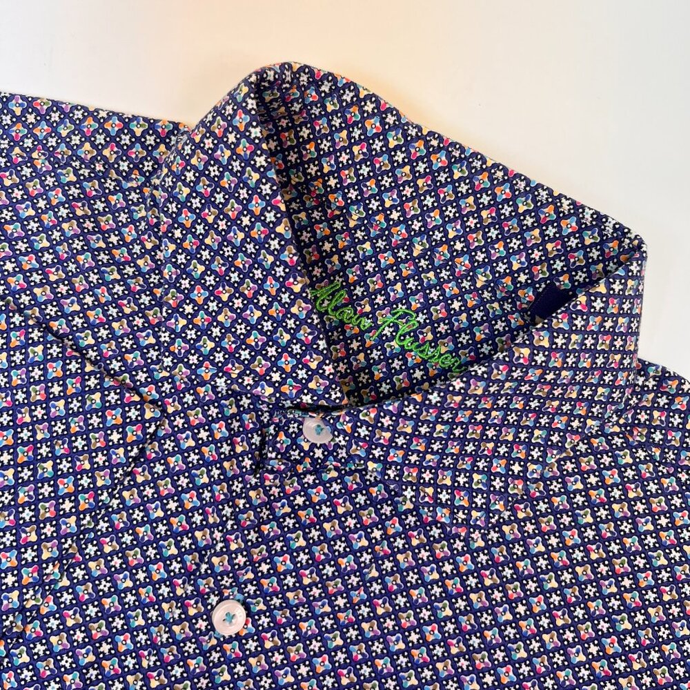Alan Flusser Mens L Cotton Shirt Button Up Navy Blue Colorful Geometric Design